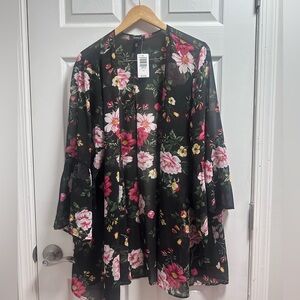 torrid Black Sheer Floral Kimono with Pink & Yellow Blooms